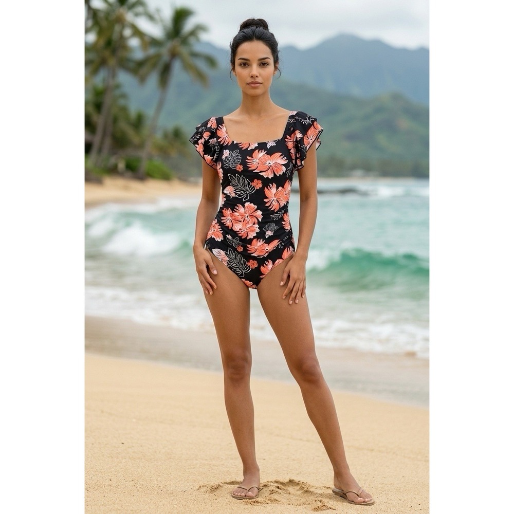EOMENIE Tummy Control One-Piece Swimsuit Black Floral Ruffle